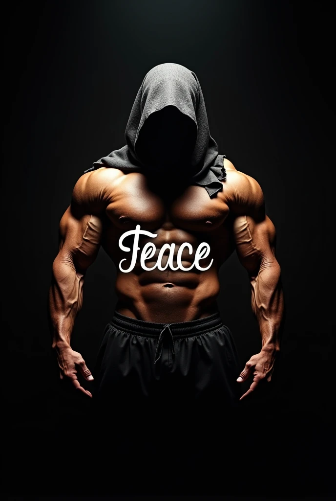 Imagine a wallpaper of Muslim bodybuilder and peace is written in English in middle stylish font
with black background without tattoo and face is covered with clothe