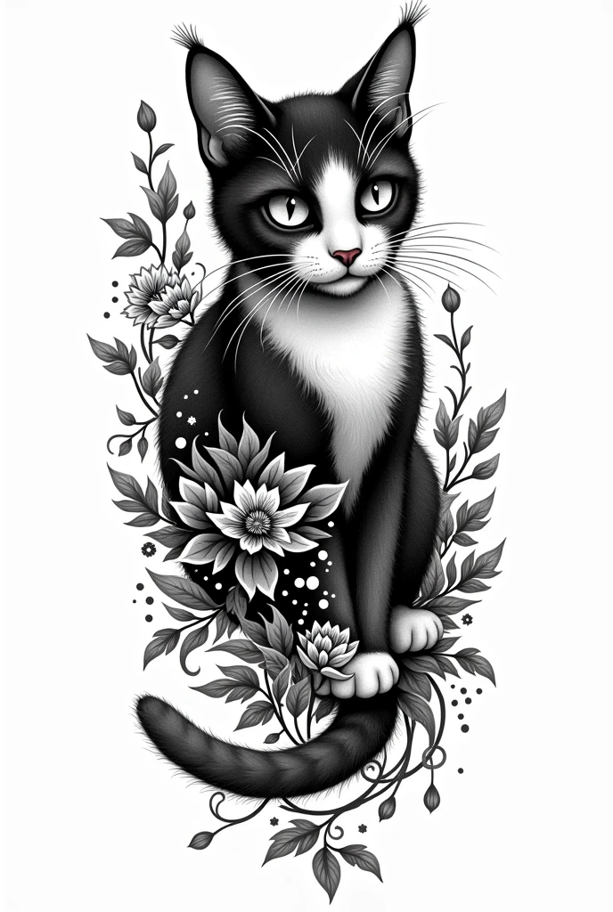 Full arm tattoo stencil with cat theme, black and white neo traditional style Under nature theme 