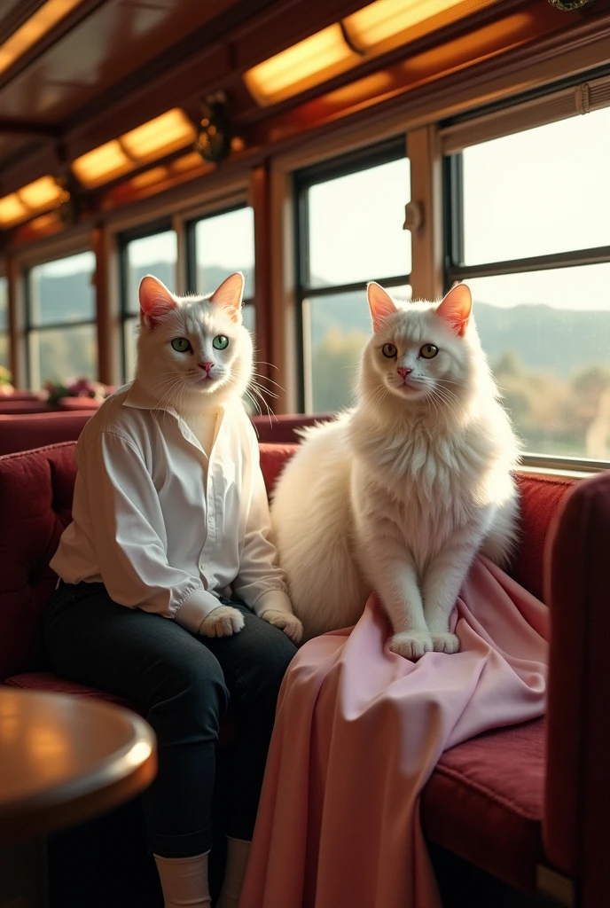 A tall white cat dressed in white shirt and white black jeans and a white tall beautiful cat dressed in pink full length Maxie travelling in train