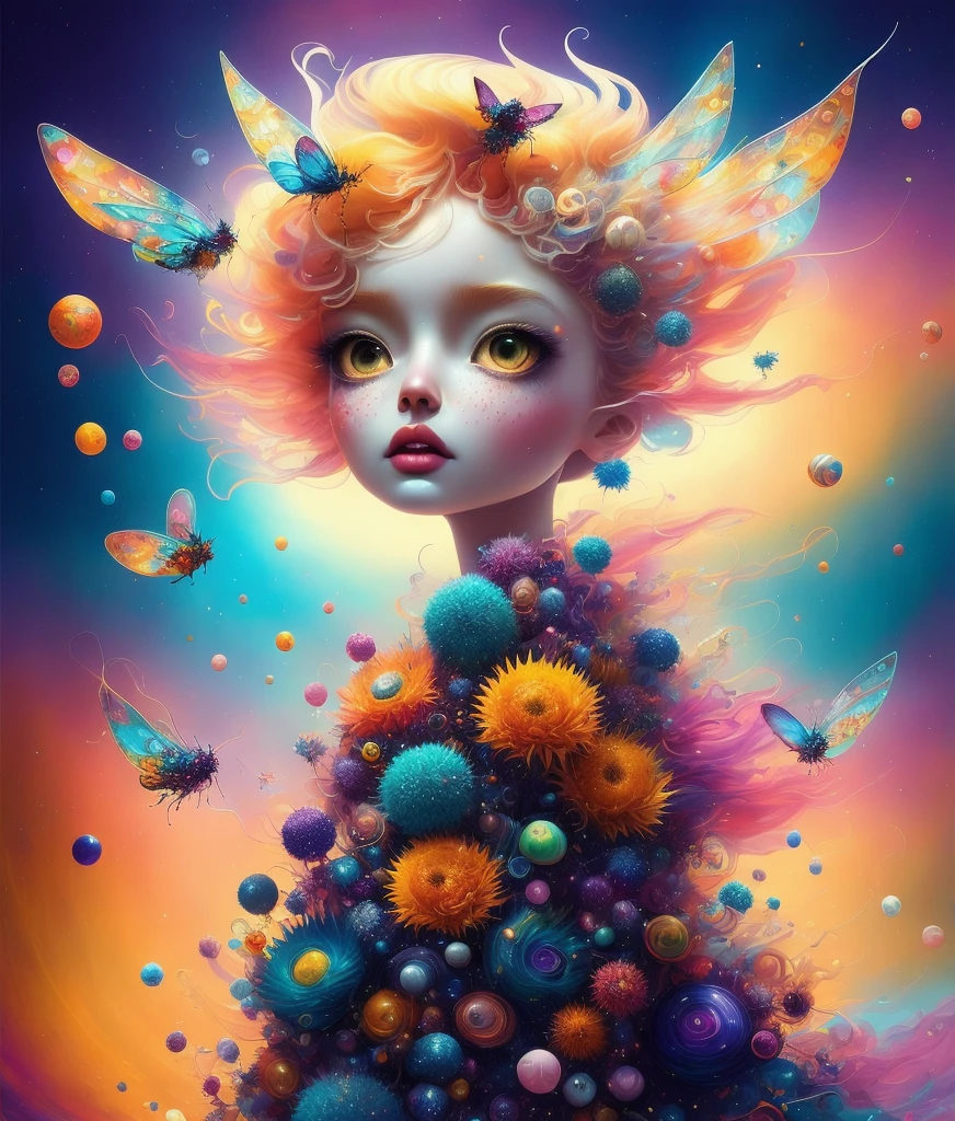 Color Pop Style, Photo photo portrait of the sun surrounded by satellites of orbiting planets, blonde spiky hair, natalie shau, Mark Ryden, Alberto Seveso, Brooke Shaden, Anna Dittmann, Flora Borsi, 8K resolution, Perfect composition, Milky way, Rainbow Color, Flying insects, scales, Wings, Blue, Texture, with an intricate, Gorgeous, Shadow, Pastel colors, 。.3D, Highly detailed, Stylishly decorated, Tim burton, Dale Chihuly, Xiaolongcheng, by Cyril Rolando, by J. Jeeg