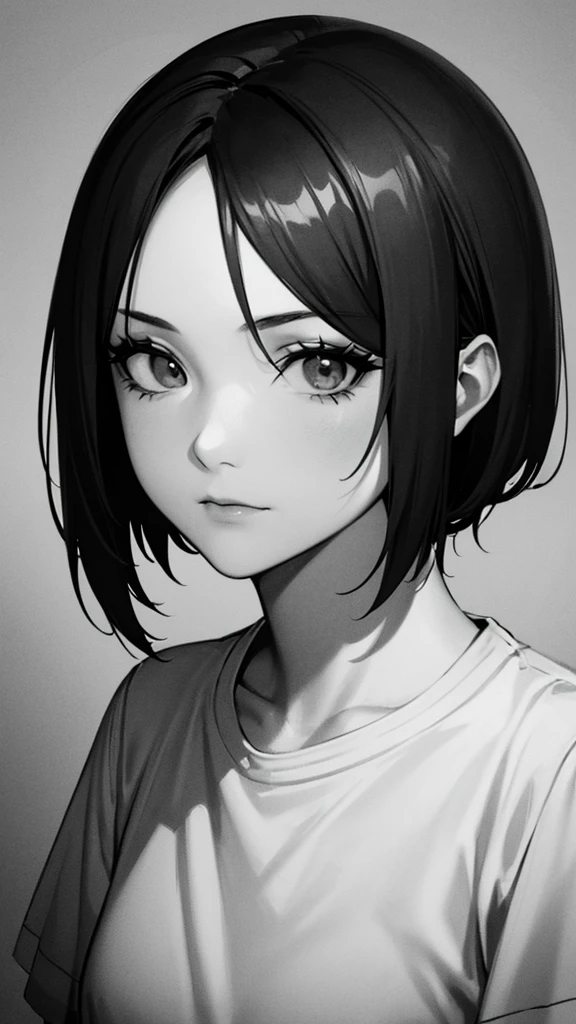 1 woman, alone, monochrome, grayscale, black short hair, portrait, t-shirt, closed mouth, looking at viewer, sketch, graphite \(middle\), small lips, hatching \(group\), Without makeup, upper body, (best illustration), (best quality), (very detailed), (masterpiece), forehead, Woman in her 20s, small eyes, 