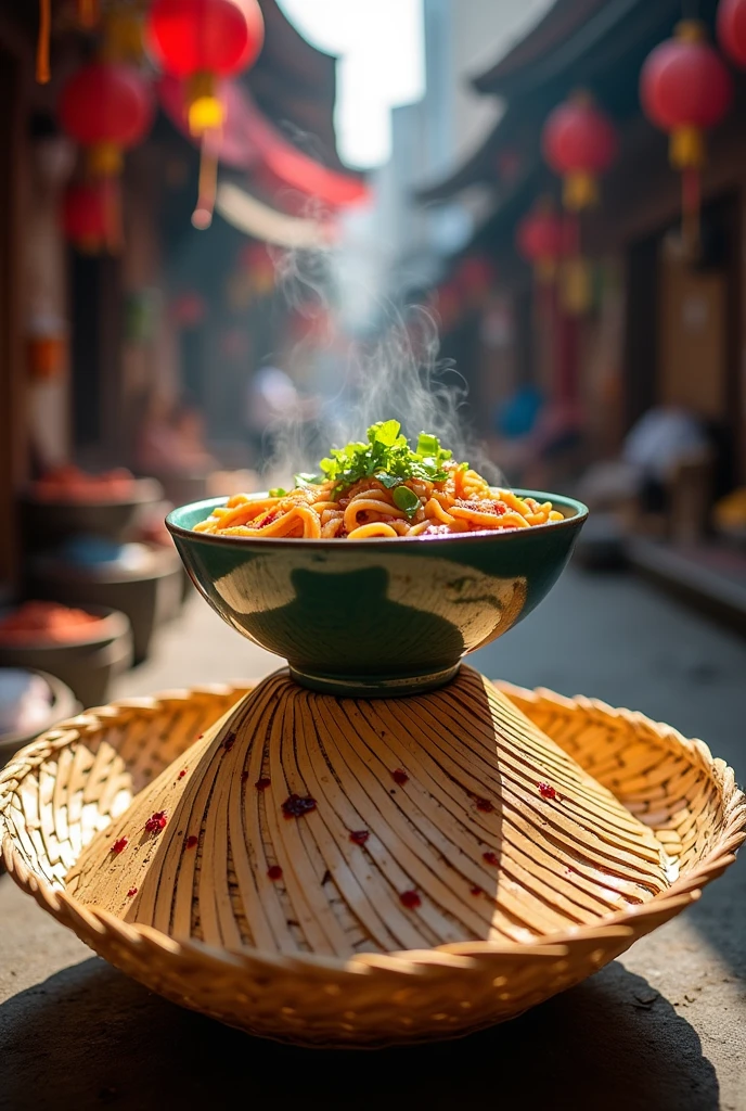 Put the crab noodle soup on a beautiful conical hat.