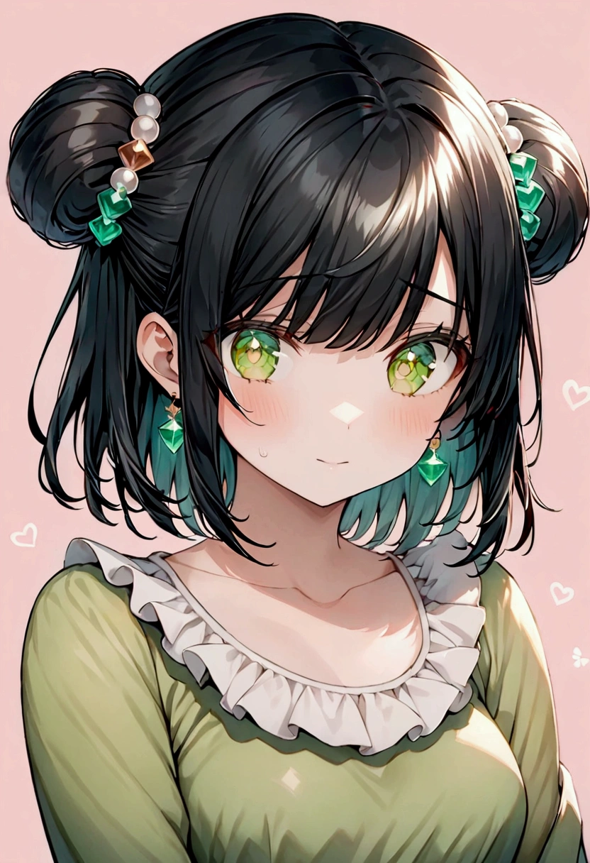 Cute anime girl, with black hair, had bangs and has two buns on each side of her hair and had some clips and pearls on them. Has green eyes, wearing a bright green dress, wearing emerald earrings, best quality