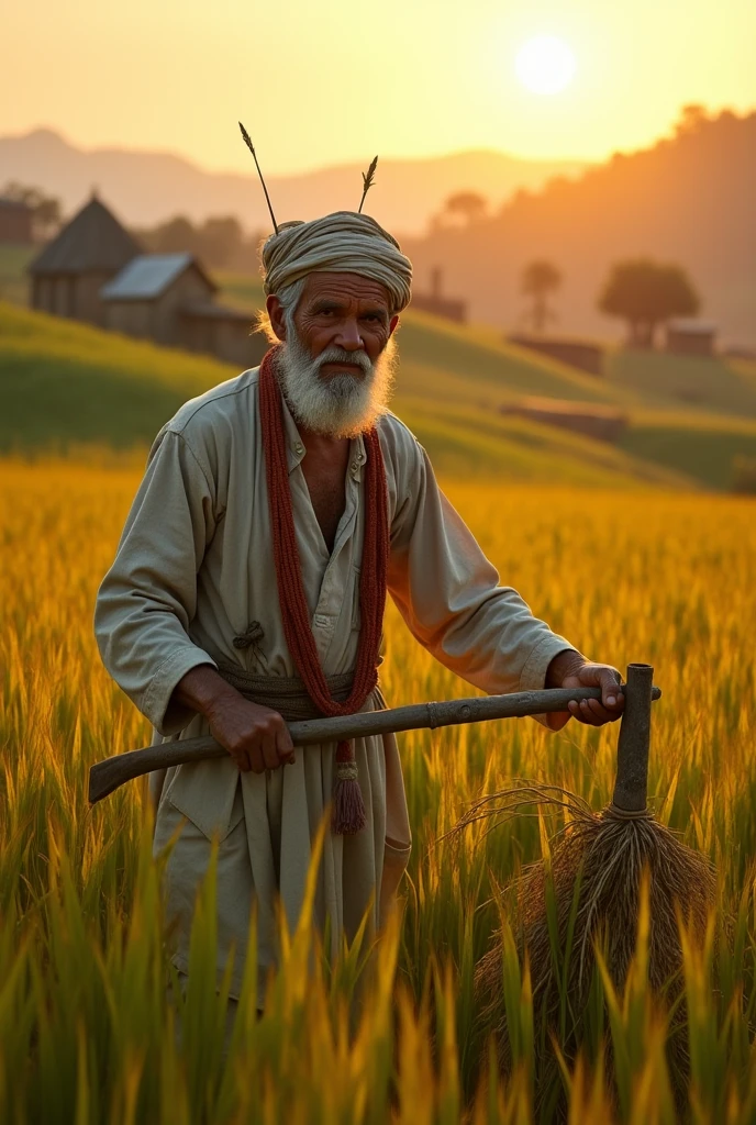 A realistic image of a modern. A poor islamic old man is harvesting his paddy
