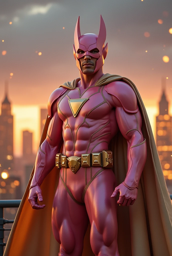 Man wear pink beige costume . Bat helmet beige. Pink armor suit. Triangle emblem on chest. Beige cape. Endomorph body type. Man. Rich guy