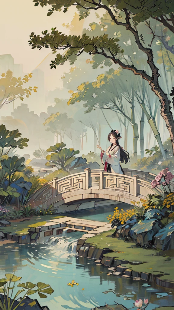 ((best quality, masterpiece: 1.2)), CG, 8K, Intricate details, view, (No one around), (Ancient Chinese gardens), pond filled with lotus Flowers, rock, Flowers, bamboo forest, fall, Forest region, A small bridge across a babbling stream, detailed foliage and Flowers, (Sunshine, Sparkling waves), Peace and tranquility atmosphere, ((Soft and elegant colors)), ((Carefully crafted works))