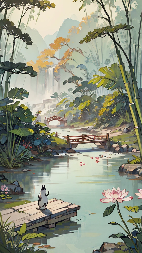((best quality, masterpiece: 1.2)), CG, 8K, Intricate details, view, (No one around), (Ancient Chinese gardens), pond filled with lotus Flowers, rock, Flowers, bamboo forest, fall, Forest region, A small bridge across a babbling stream, detailed foliage and Flowers, (Sunshine, Sparkling waves), Peace and tranquility atmosphere, ((Soft and elegant colors)), ((Carefully crafted works))