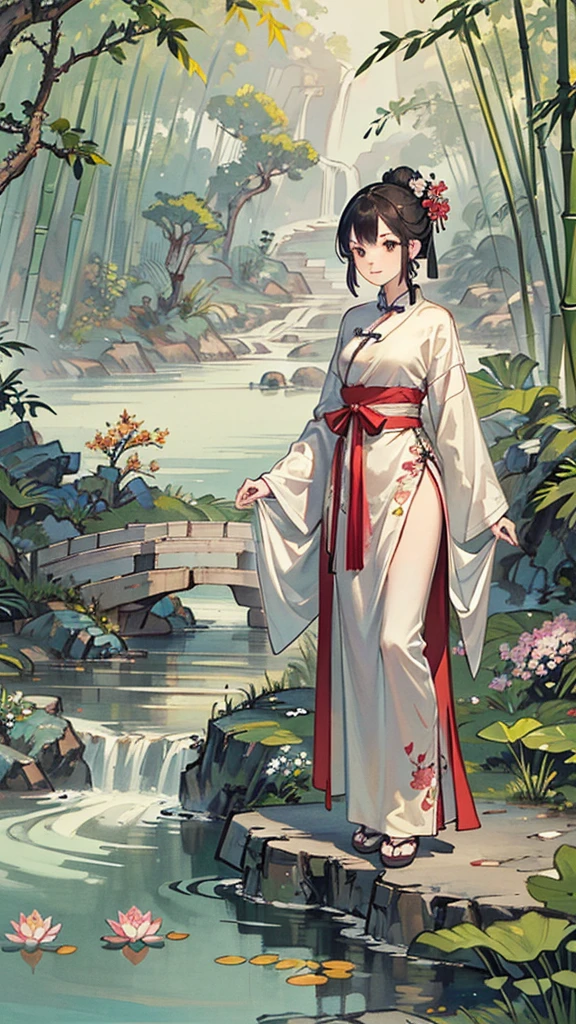 ((best quality, masterpiece: 1.2)), CG, 8K, Intricate details, view, (No one around), (Ancient Chinese gardens), pond filled with lotus Flowers, rock, Flowers, bamboo forest, fall, Forest region, A small bridge across a babbling stream, detailed foliage and Flowers, (Sunshine, Sparkling waves), Peace and tranquility atmosphere, ((Soft and elegant colors)), ((Carefully crafted works))
