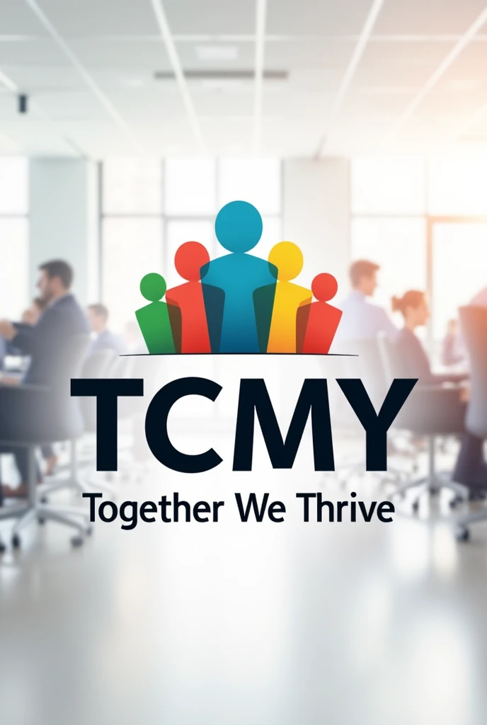 True black,Active Red,neutral grey.
 Main Color Code. You may use White as well. 
Create a employee engagement team building logo 
Include (TCMY ) with tage line together we thrive 
With colorful humanoid 
Include blurred office background 
