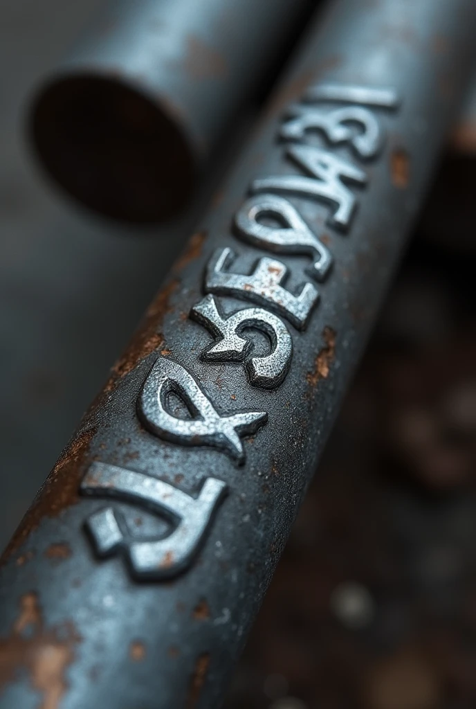 Generate a high-quality, detailed image of a steel rebar (sariya) with visible ribs running along its length. The rebar should have the text "ALAM STEEL" embossed deeply into the surface, in bold, industrial-style lettering that wraps around the rebar's curvature. The ribs should be pronounced, following the spiral pattern typical of reinforced steel bars. The text "ALAM STEEL" should look like it's been stamped or engraved into the metal, maintaining a strong, durable appearance, with the metallic texture and sheen clearly visible. Ensure that the overall design of the rebar reflects the realistic look of a construction-grade steel rod with all the characteristic features.
