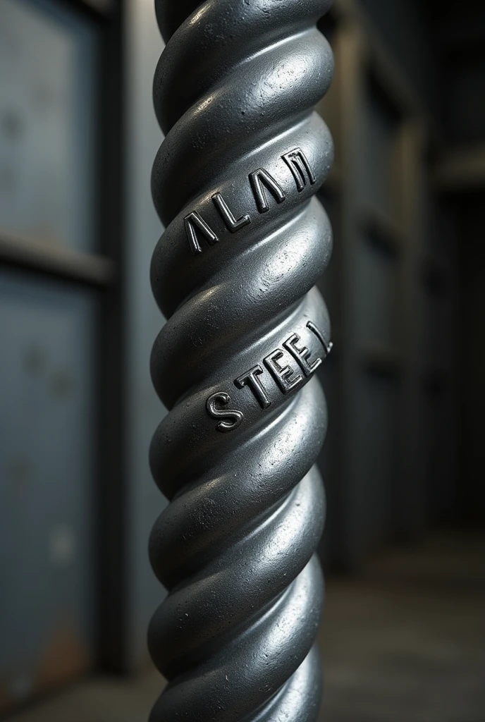 Generate a high-quality, detailed image of a steel rebar (sariya) with visible ribs running along its length. The rebar should have the text "ALAM STEEL" embossed deeply into the surface, in bold, industrial-style lettering that wraps around the rebar's curvature. The ribs should be pronounced, following the spiral pattern typical of reinforced steel bars. The text "ALAM STEEL" should look like it's been stamped or engraved into the metal, maintaining a strong, durable appearance, with the metallic texture and sheen clearly visible. Ensure that the overall design of the rebar reflects the realistic look of a construction-grade steel rod with all the characteristic features.