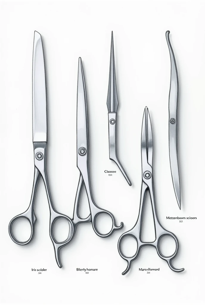 Scalpel
Iris Scissor
Metzenbaum
Mayo (Surgical Scissor)
Rongeur
Very Easy sketch of these with names