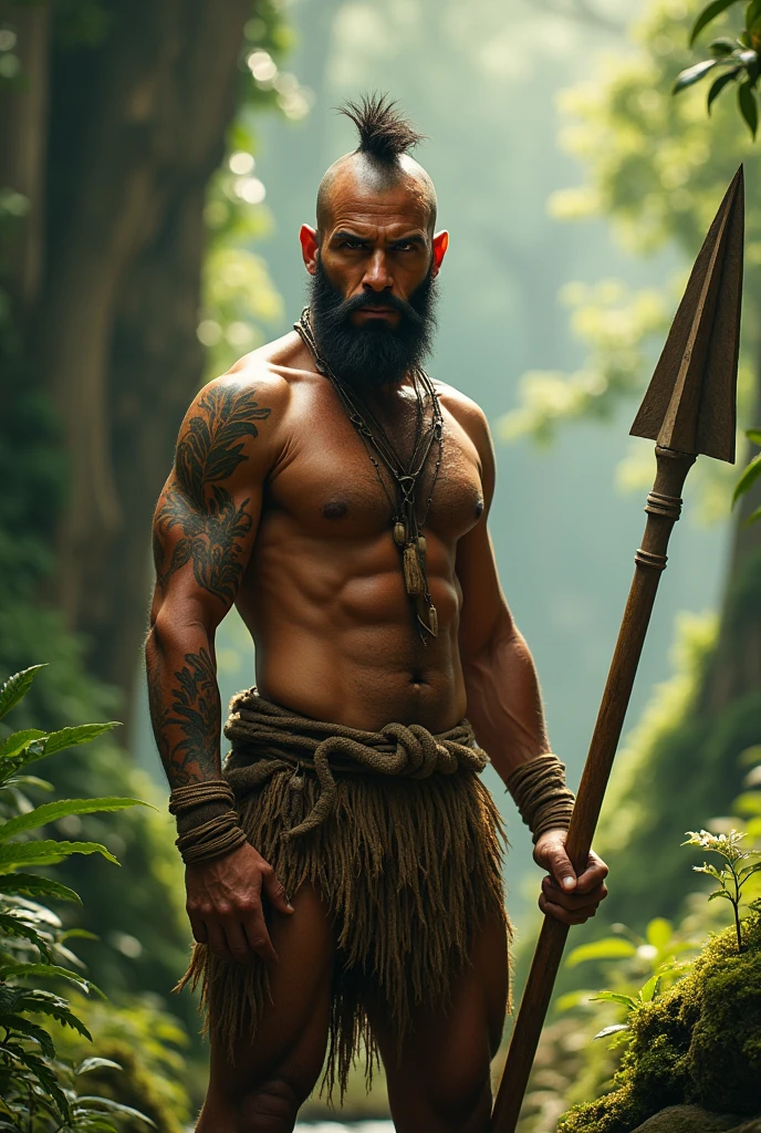 Primitive man carrying a spear, his hairstyle is almost completely bald