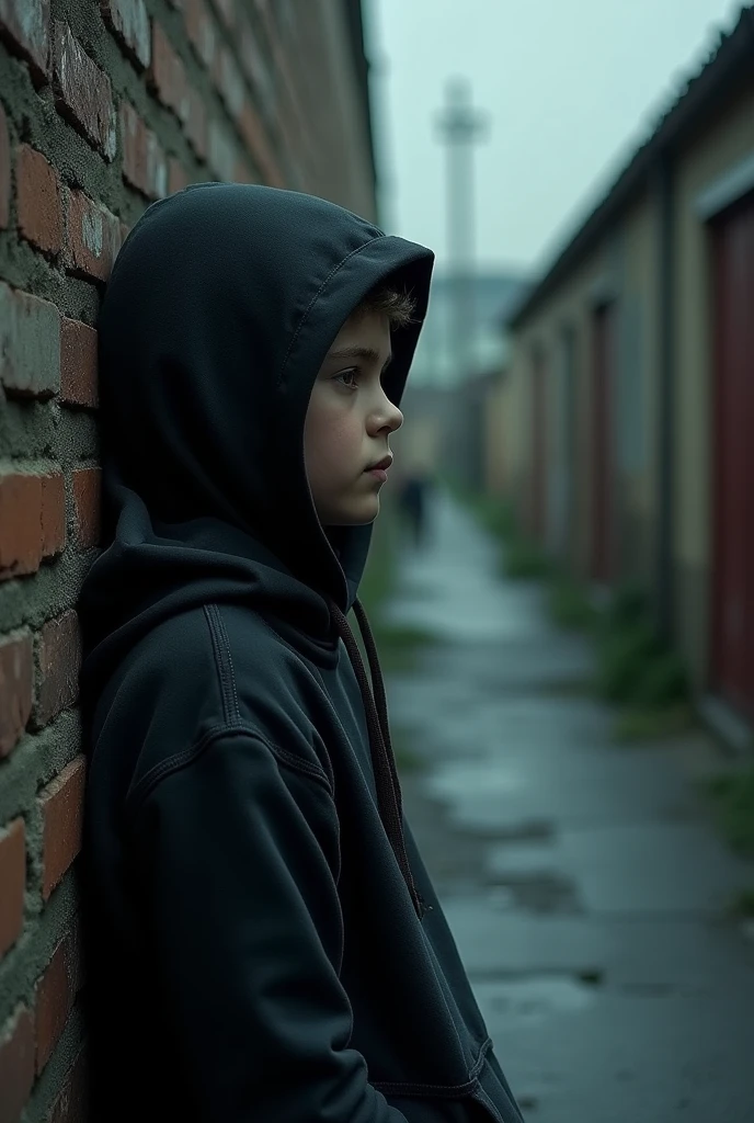 Create a drawing with a boy in a hoodie, You can't see his face because the hood covers it with a cold look, and make it clear that the boy's sadness is the cause of his thoughts, and leave a sentence that says “nothing kills a man faster than his thoughts” the sentence has to be in Brazilian Portuguese