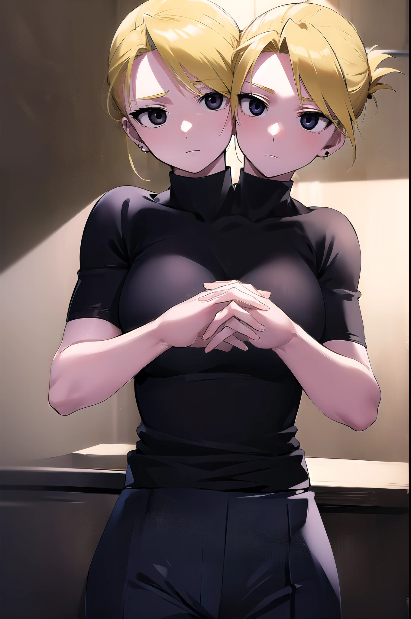 (2heads:1.5), rizahawkeye, riza hawkeye, blonde hair, (black eyes:1.5), folded ponytail,
BREAK shirt, short sleeves, earrings, pants, uniform, military, black shirt, military uniform, blue pants,
BREAK looking at viewer, full body,
BREAK indoors,
BREAK (masterpiece:1.2), best quality, high resolution, unity 8k wallpaper, (illustration:0.8), (beautiful detailed eyes:1.6), extremely detailed face, perfect lighting, extremely detailed CG, (perfect hands, perfect anatomy),