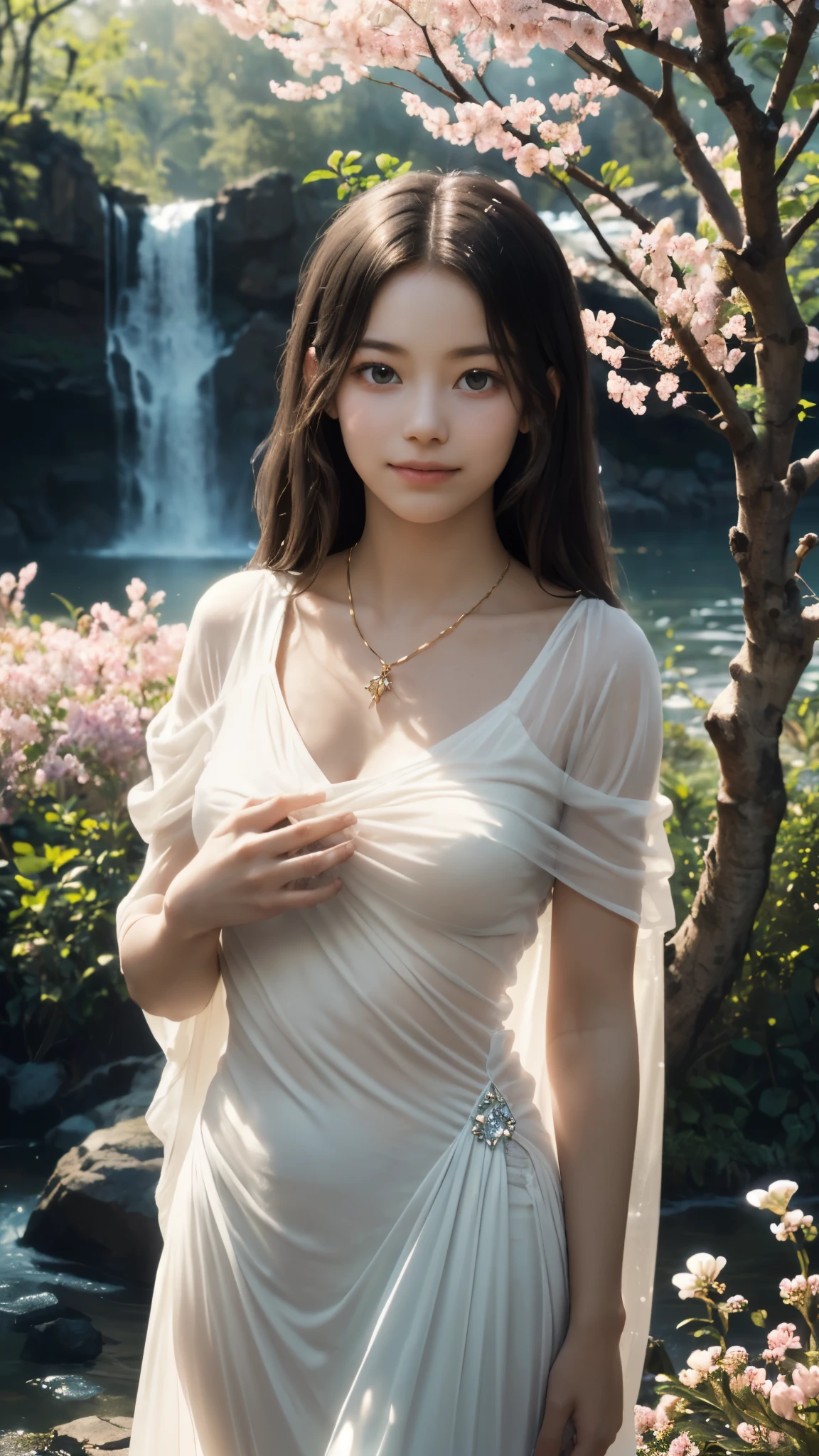 1girl, (solo:1.4), standing, (hand on chest:1.2), in the park, draped (see-through:1.2) white dress, opulent golden-trim, detailed face, (looking at viewer:2.0), (****, cute:1.8), (breasts:1.2), delicate crystal necklace, waterfalls, surrounded by lush, vibrant greenery, blooming flowers, and softly glowing light, gentle smile, alluring peaceful posture, warm sunlight filtering through trees, ((soft, diffused lighting, high bloom, glowing light, soft highlights, radiant aura, overexposed edges, dreamy illumination, hazy glow, ethereal light:1.4), (subtle light flares:1.2), tranquil setting, vibrant colors, surreal, heavenly vibe, paradise-like environment, detailed textures, relaxing mood, medium wide shot, close-up shot,