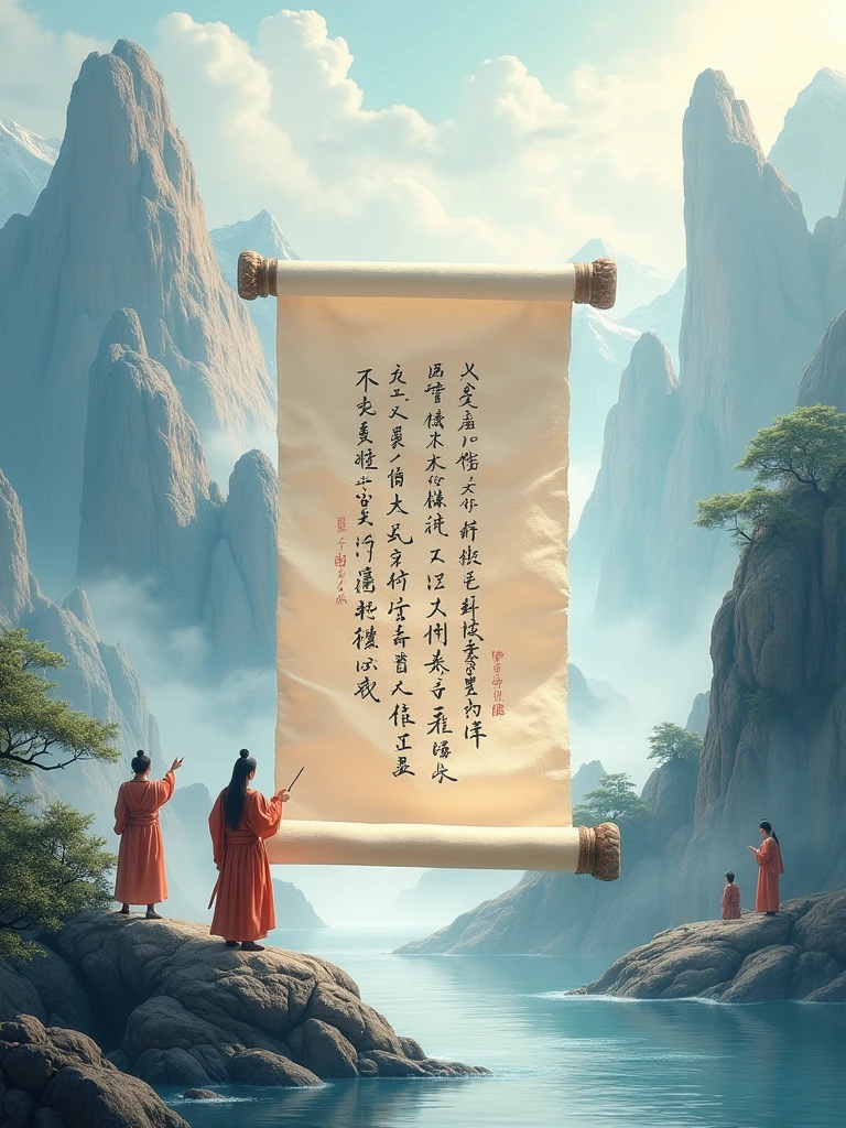 Chinese style, Felt material, An open scroll floating in the air, There are some ancient words on it. On the unrolled scroll stand several ancient poets, Illustration with mountains and rivers in the background. The mountains are undulating, silk, Macro, HD Hyperrealism, Naganami, Fresh and elegant style, White and blue tones, Macro perspective