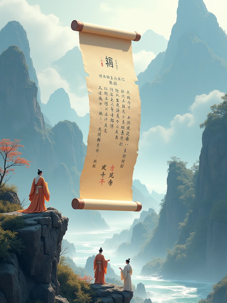 Chinese style, Felt material, An open scroll floating in the air, There are some ancient words on it. On the unrolled scroll stand several ancient poets, Illustration with mountains and rivers in the background. The mountains are undulating, silk, Macro, HD Hyperrealism, Naganami, Fresh and elegant style, White and blue tones, Macro perspective