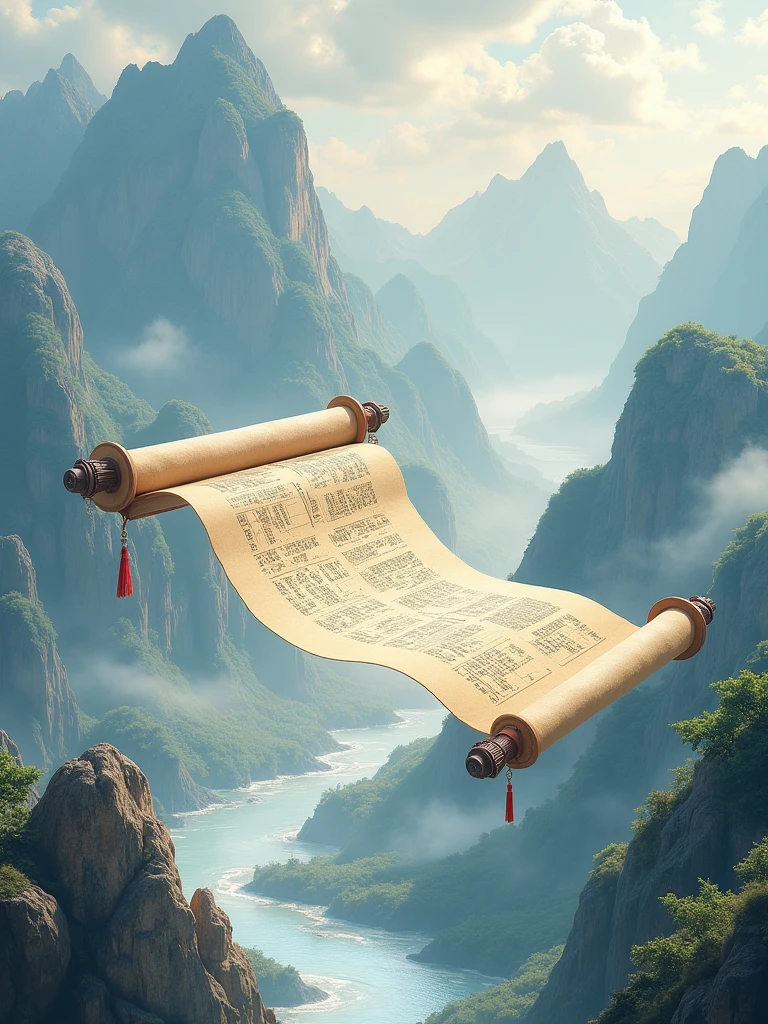Chinese style, Felt material, An open scroll floating in the air, There are some ancient words on it. On the unrolled scroll stand several ancient poets, Illustration with mountains and rivers in the background. The mountains are undulating, silk, Macro, HD Hyperrealism, Naganami, Fresh and elegant style, White and blue tones, Macro perspective