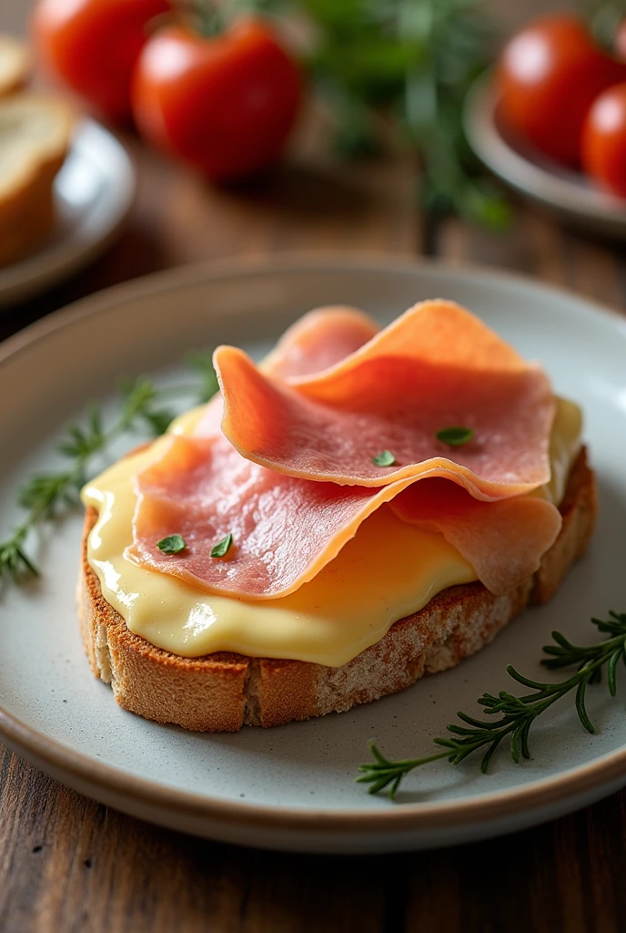 a plate put 1 thin bread put some cheese put some ham
