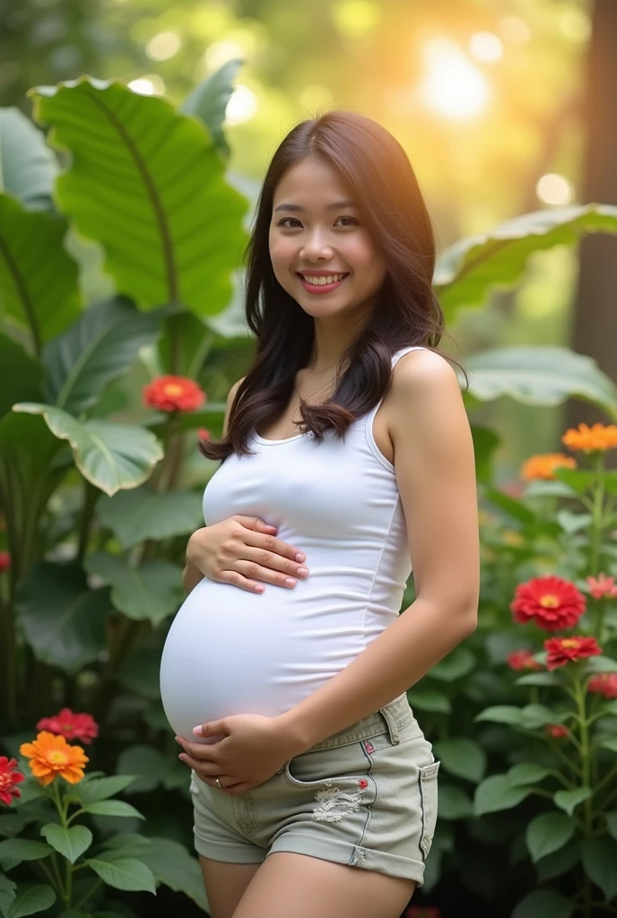 Indonesian woman aged 23, in early pregnancy, body facing forward, wearing a white tank top, not wearing a bra, Shorts, green garden background