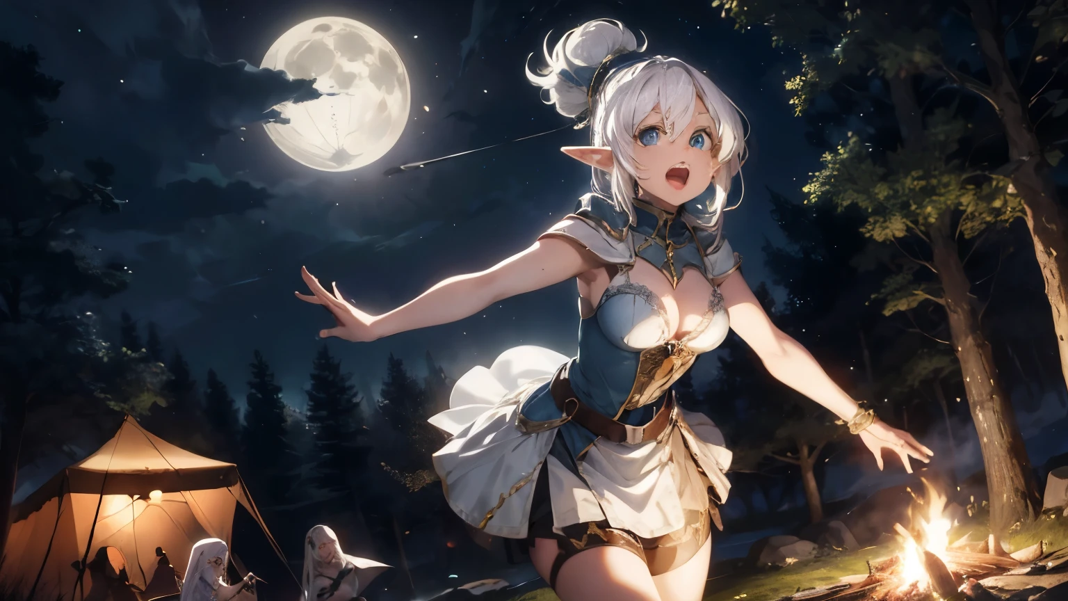 sexy elf woman with white hair, wearing medieval dress having fun dancing around the campfire with crowd under the moon light at the center of medieval forest at midnight.