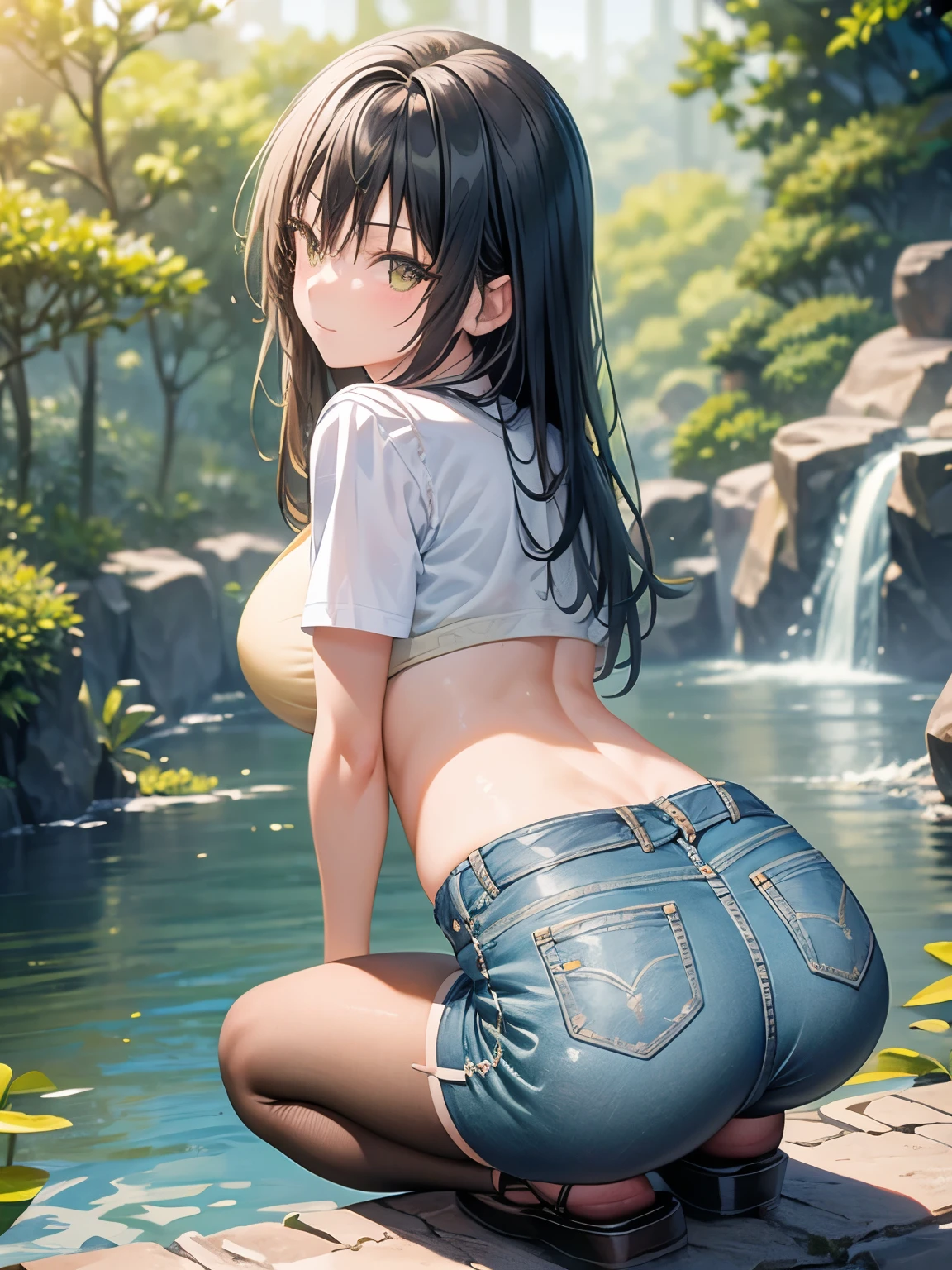 Damaged Denim Shorts　green、Black　Pantyhose、Yellow flower stalk　tube top bra、Transparent wet white shirt、Big Breasts、Beautiful feet、smile、Black Hair　long hair、Forest　river　waterfall、Crouching　Butt　Looking back、Belly button　Firm stomach、Sandals