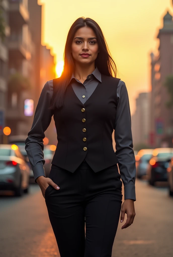 Indian Women uniform with black pants grey full sleeve shirt and black waist coat with three buttons