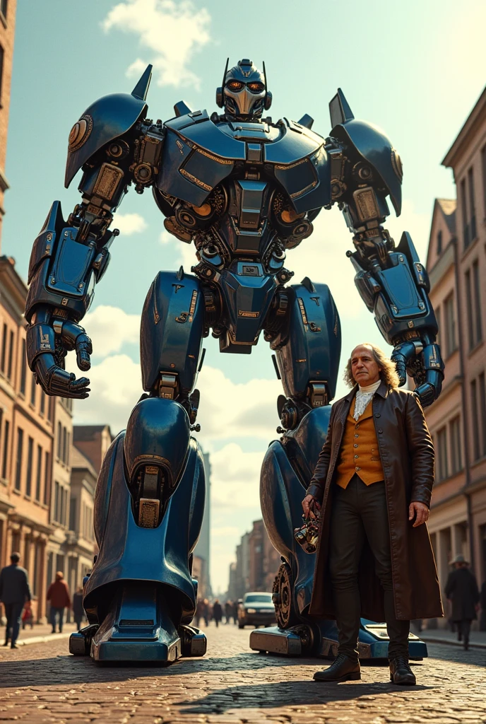 Image of a transformers standing near Benjamin Franklin
