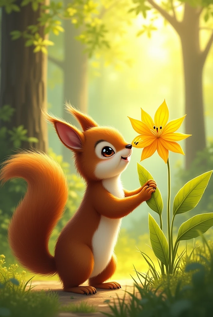 Squirrel smelling a yellow flower