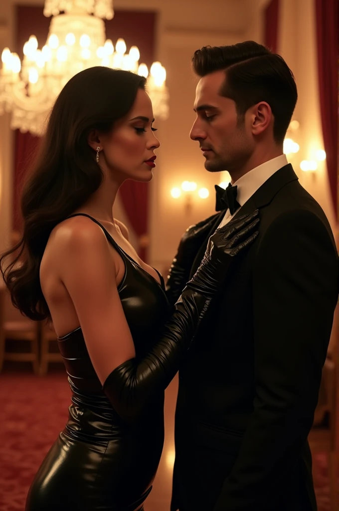 Elegant woman in long latex gloves grabbing man shirt