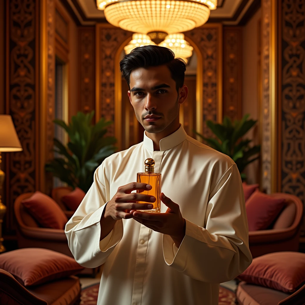 Handsome Arab young man holding perfume in the background of a luxurious room