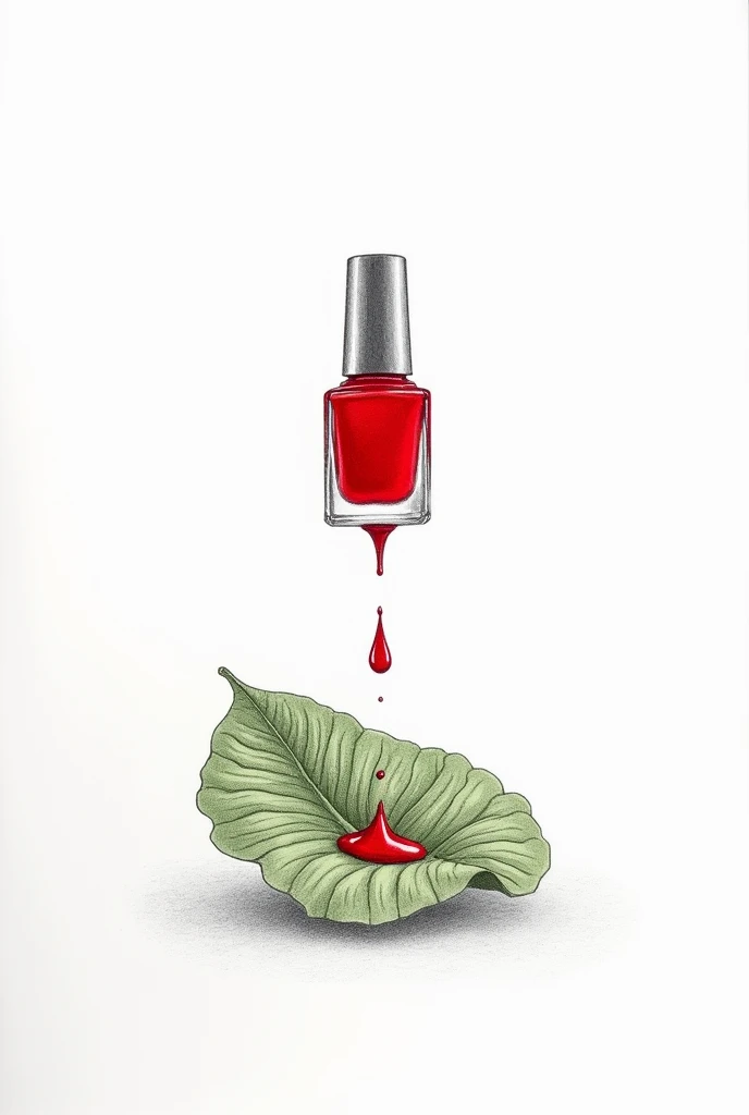 on a white background, make a simple drawing, Striped, made with pencil and minimalist of a bottle of red nail polish pouring on a leaf