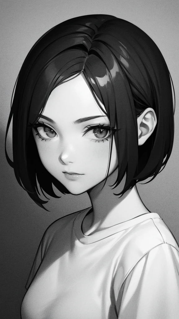 1 woman, alone, monochrome, grayscale, black short hair, portrait, t-shirt, closed mouth, looking at viewer, sketch, graphite \(middle\), small lips, hatching \(group\), Without makeup, upper body, (best illustration), (best quality), (very detailed), (masterpiece), forehead, Woman in her 20s, small eyes,