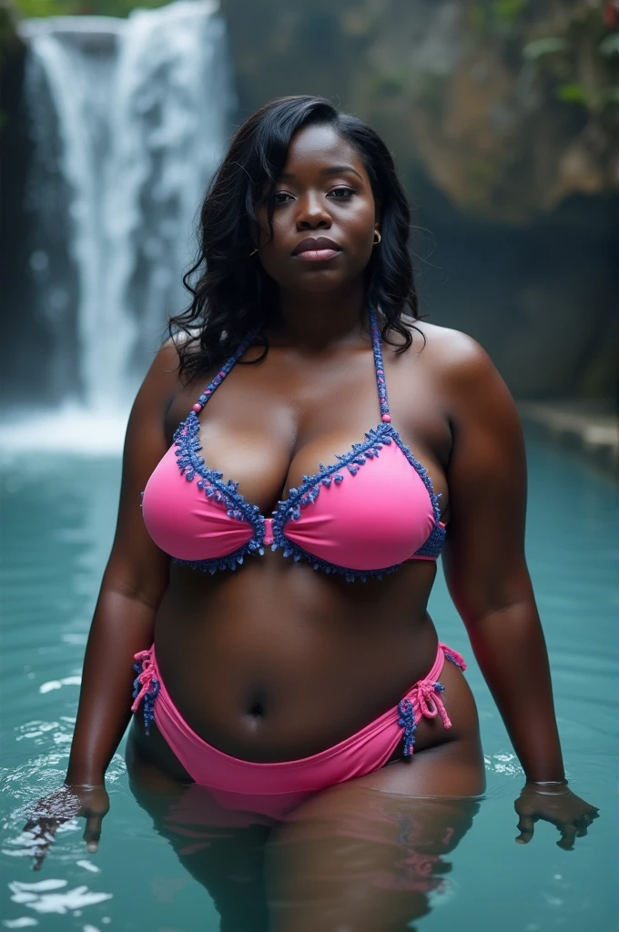 Photograph of a 23-year-old heavyset, dark-skinned African-American woman bathing in a steamy onsen. erotic facial expressions. waterfall in the background. She has 36 breasts, big haunches, big buttocks, Curvy Body. She is wearing a pink bikini with blue details.. work of art, Depth of field, cinematic lighting, backlight, ultra HD, work of art, anatomically correcte, texturized skin, super detaill, 8k, full body shot shot, High angle shot, dramatic angle, extreme angle shot