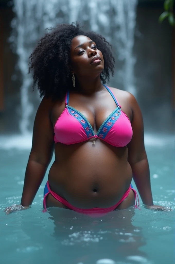 Photograph of a 23-year-old heavyset, dark-skinned African-American woman bathing in a steamy onsen. erotic facial expressions. waterfall in the background. She has 36 breasts, big haunches, big buttocks, Curvy Body. She is wearing a pink bikini with blue details.. work of art, Depth of field, cinematic lighting, backlight, ultra HD, work of art, anatomically correcte, texturized skin, super detaill, 8k, full body shot shot, High angle shot, dramatic angle, extreme angle shot