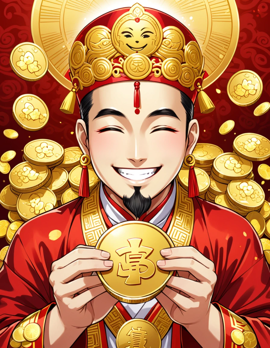 Holding gold coins,Smiling face,God of Wealth