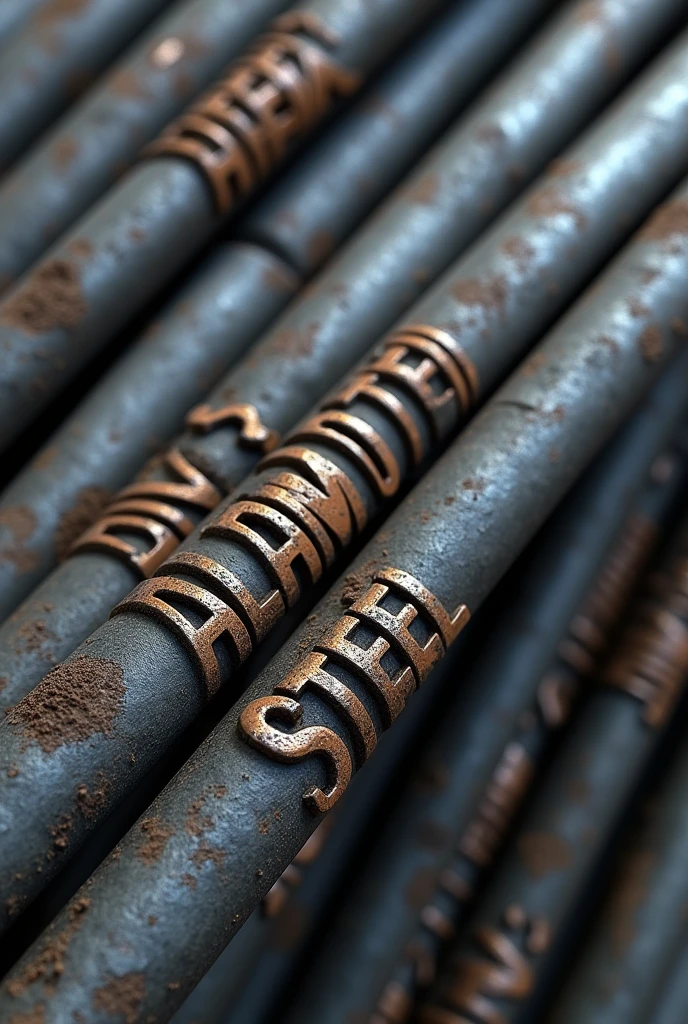 Generate a high-quality, detailed image of a steel rebar (sariya) with visible ribs running along its length. The rebar should have the text "ALAM STEEL" embossed deeply into the surface, in bold, industrial-style lettering that wraps around the rebar's curvature. The ribs should be pronounced, following the spiral pattern typical of reinforced steel bars. The text "ALAM STEEL" should look like it's been stamped or engraved into the metal, maintaining a strong, durable appearance, with the metallic texture and sheen clearly visible. Ensure that the overall design of the rebar reflects the realistic look of a construction-grade steel rod with all the characteristic features.