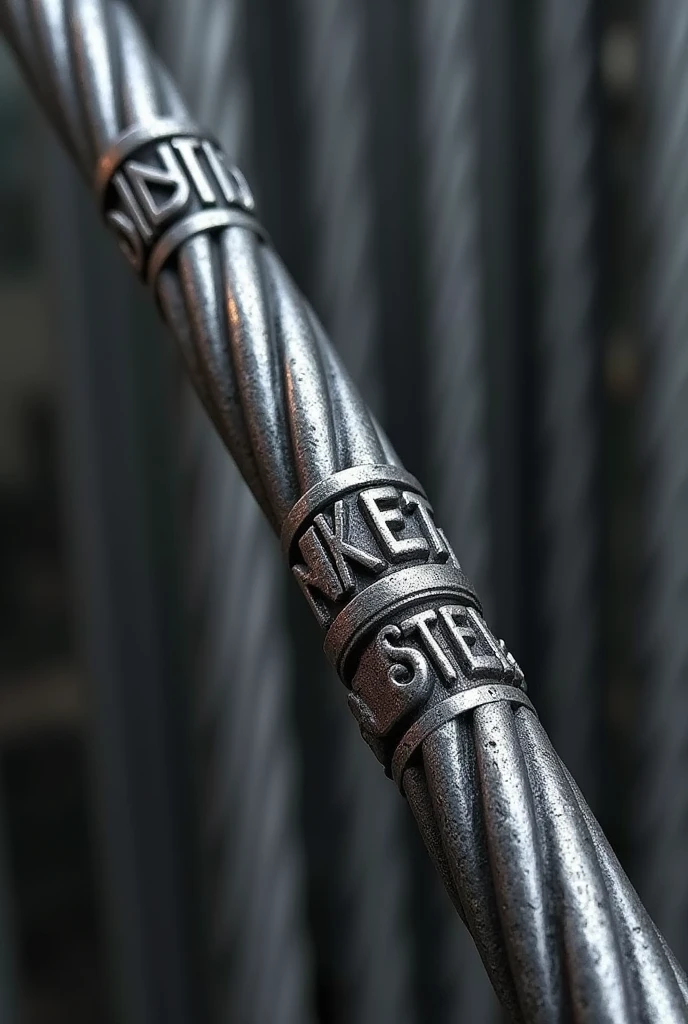 Generate a high-quality, detailed image of a steel rebar (sariya) with visible ribs running along its length. The rebar should have the text "ALAM STEEL" embossed deeply into the surface, in bold, industrial-style lettering that wraps around the rebar's curvature. The ribs should be pronounced, following the spiral pattern typical of reinforced steel bars. The text "ALAM STEEL" should look like it's been stamped or engraved into the metal, maintaining a strong, durable appearance, with the metallic texture and sheen clearly visible. Ensure that the overall design of the rebar reflects the realistic look of a construction-grade steel rod with all the characteristic features.
