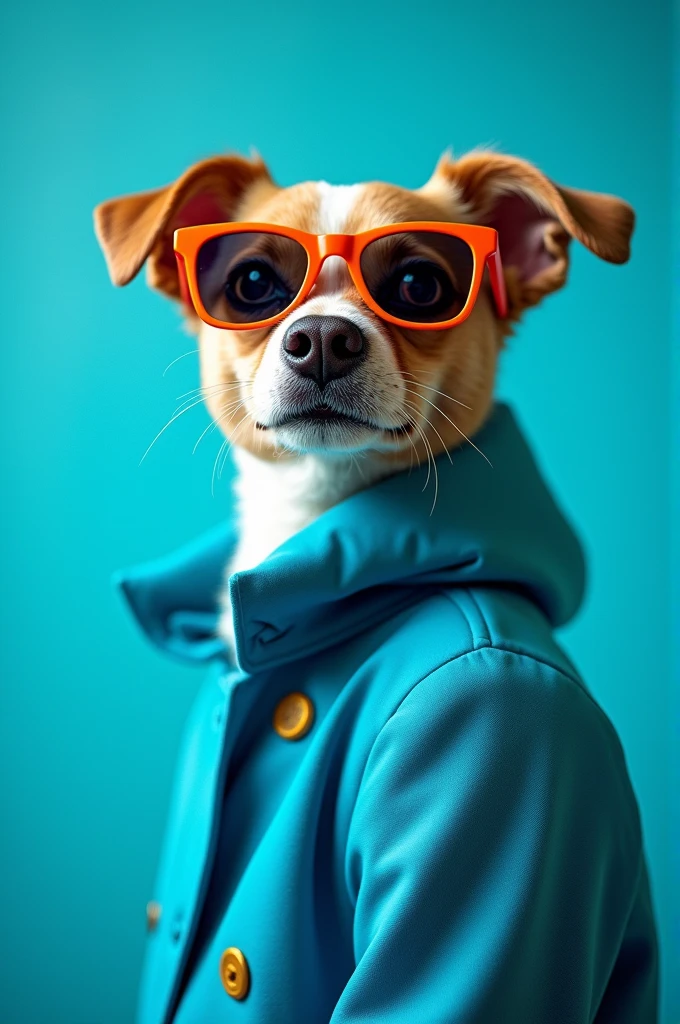 The best cell phone wallpaper, Award-Winning Wallpaper, portrait photography, In the front view is a portrait of a cute dog wearing mid-1960s space age fashion, Side view photo, Shot with Canon EOS R5, Set a strong contrast that accentuates the subject, Fluorescent blue tone, Wearing a very modern coat and sunglasses is a modern 1960s style, Clothes all in one color, beautiful background