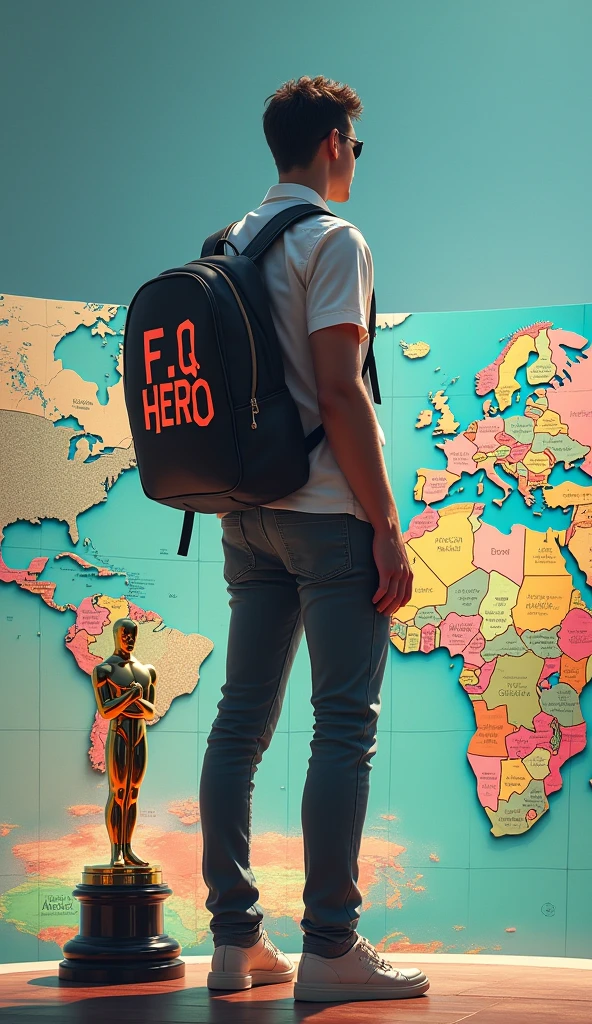 A stylish man standing on the world map. The back of the boy is visible. There is a bag pack on his back. Fantasy word "F.Q HERO" is written on the bag. There is a standing plane near him. An Oscar on his target. A realistic, aesthetic poster.