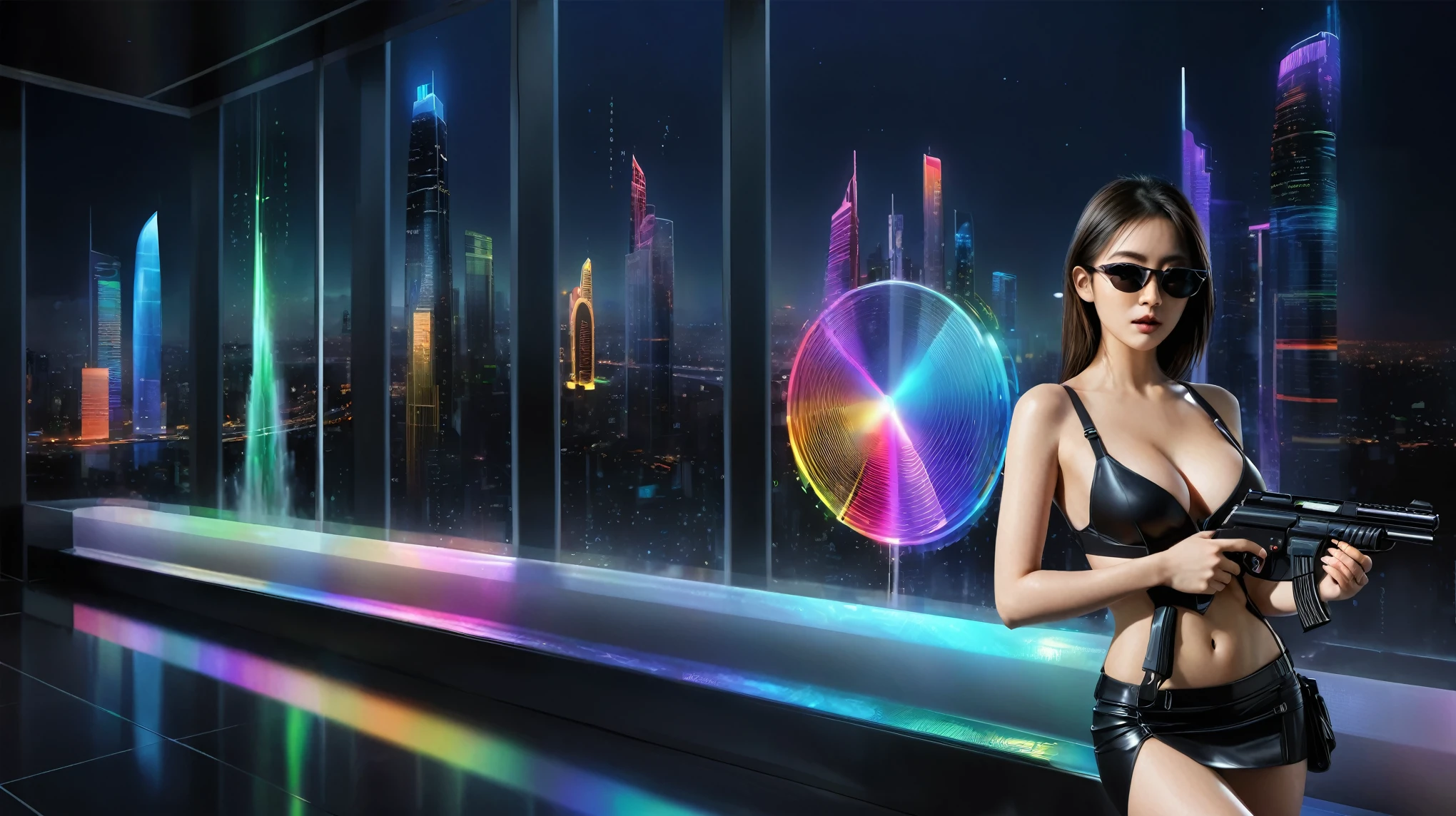 A futuristic cityscapes with colorful all-glass towering skyscrapers, sleek aerodynamic vehicles speeding through the air, rainbow colors waterfalls. High-resolution OLED GUI interfaces in the building, The windows are filled with transparent data visualization infographics that show it all, from weather patterns to traffic flow, Matrix cascading code. Colors are saturated and vibrant. At night, (1girl, solo), photo realistic, medium-:1.3 slim body, cleavag top, miniskirt, (matrix style black sunglasses, holding a short gun), half-body thigh level medium shot, cinematic lighting, ray tracing.