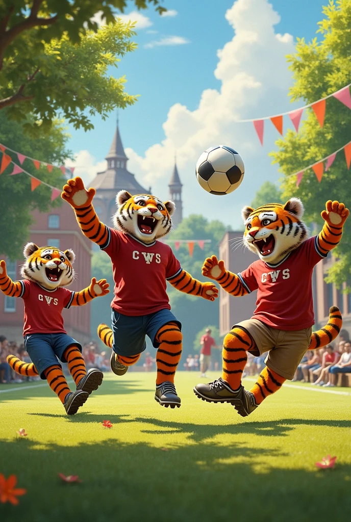 Make a group of college tigers playing ball on a college field