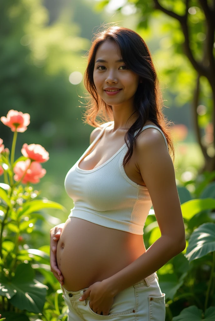 Indonesian woman aged 23, in early pregnancy, body facing forward, wearing a thin white tank top, not wearing a bra, Shorts, green garden background