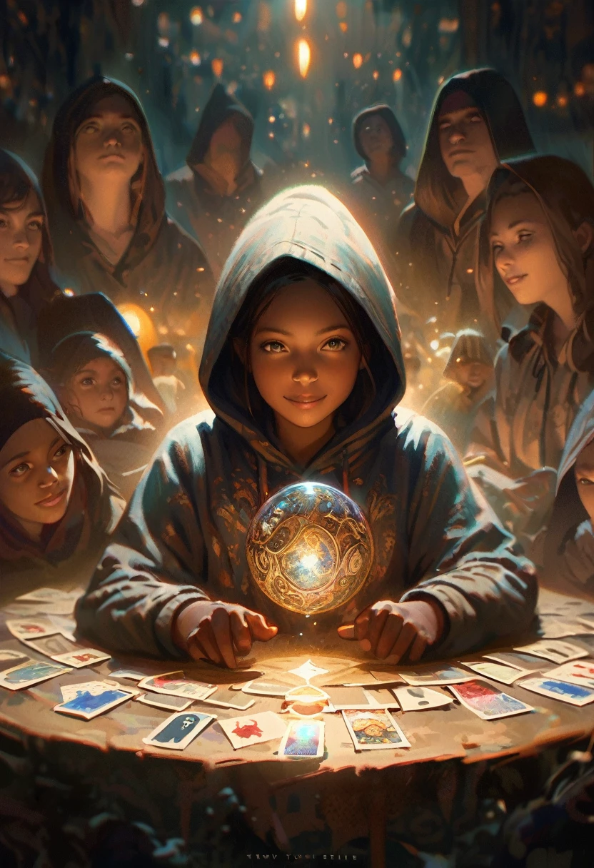 Impressionist painting, Realistic, Smiling hoodie, fortune teller, Tarot cards on the table, View your audience, Dark Skin, mysterious, magic, Shine, Shineing, dark magic lighting, Sulky, Cinematic, Shine, Sparkling, darkness