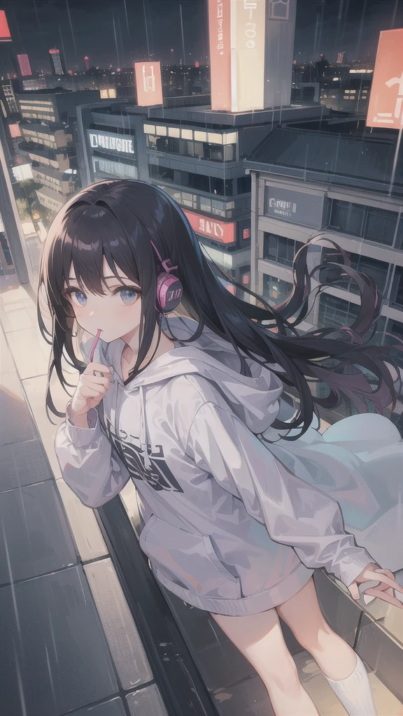 , headphone, Highest quality, Black Hair, One person who keeps their mouth shut, City、Backwards、Solo looking this way, chest, Bob Hair、Wearing a hoodie、On top of a building、Listening to music、Messy Hair、Games、Ultra delicate、night、rain、Rim Light