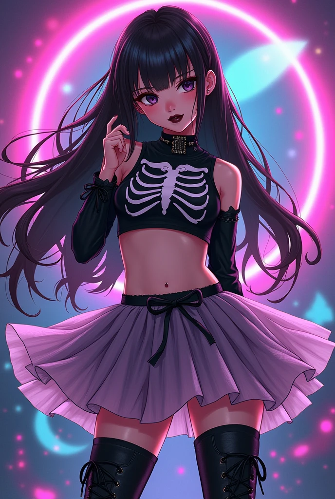 Anime girl with long dark brown hair, black eyes black painted lips, She is wearing a skeleton crop top, a tutu skirt and black boots.