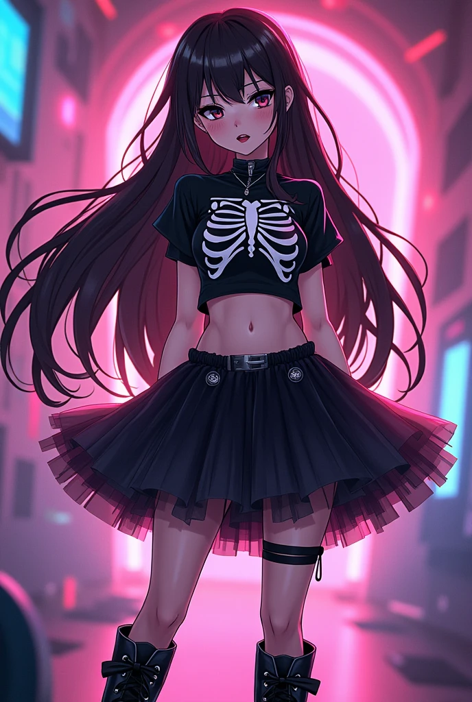 Anime girl with long dark brown hair, black eyes black painted lips, She is wearing a skeleton crop top, a tutu skirt and black boots.