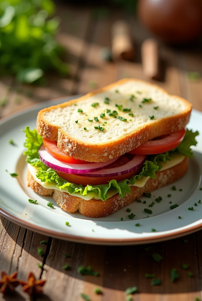 a plate put 1 thin bread put some cheese put some ham
put lettuce and tomato onion