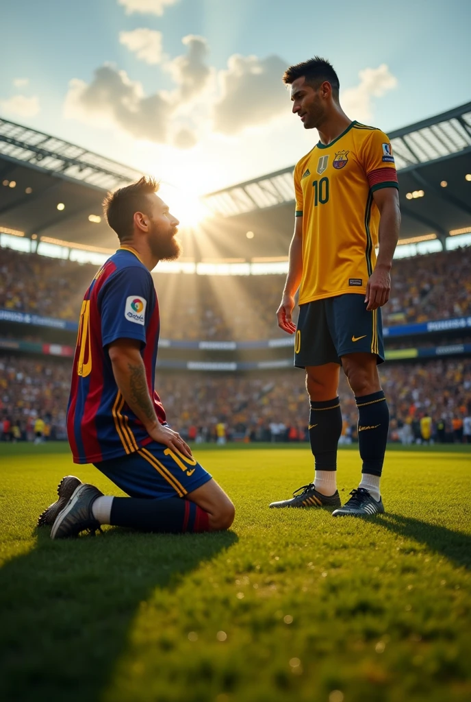 Messi kneeling to Cristiano Ronaldo 